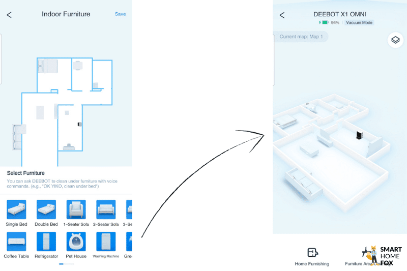 Möbelstücke werden in der 3D-Karte des Ecovacs Deebot X1 OMNI platziert